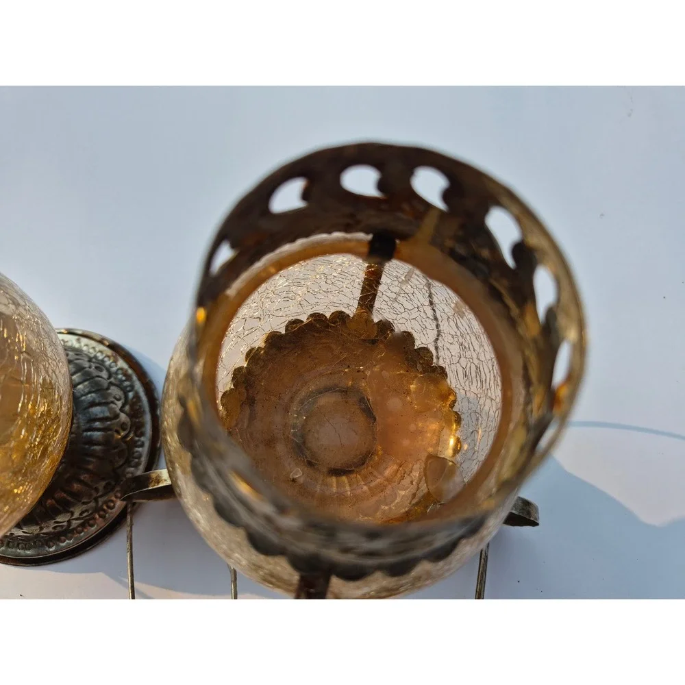 Vintage Silver Tone Crackle Glass Tea Light Lanterns Set of 2 Amber Boho Decor